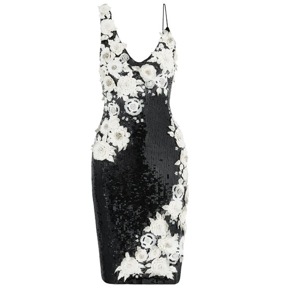 Alice+Olivia FRANCIE Asymmetric Floral Appliques Sequin Embellished Fitted Dress - Picture 3 of 16
